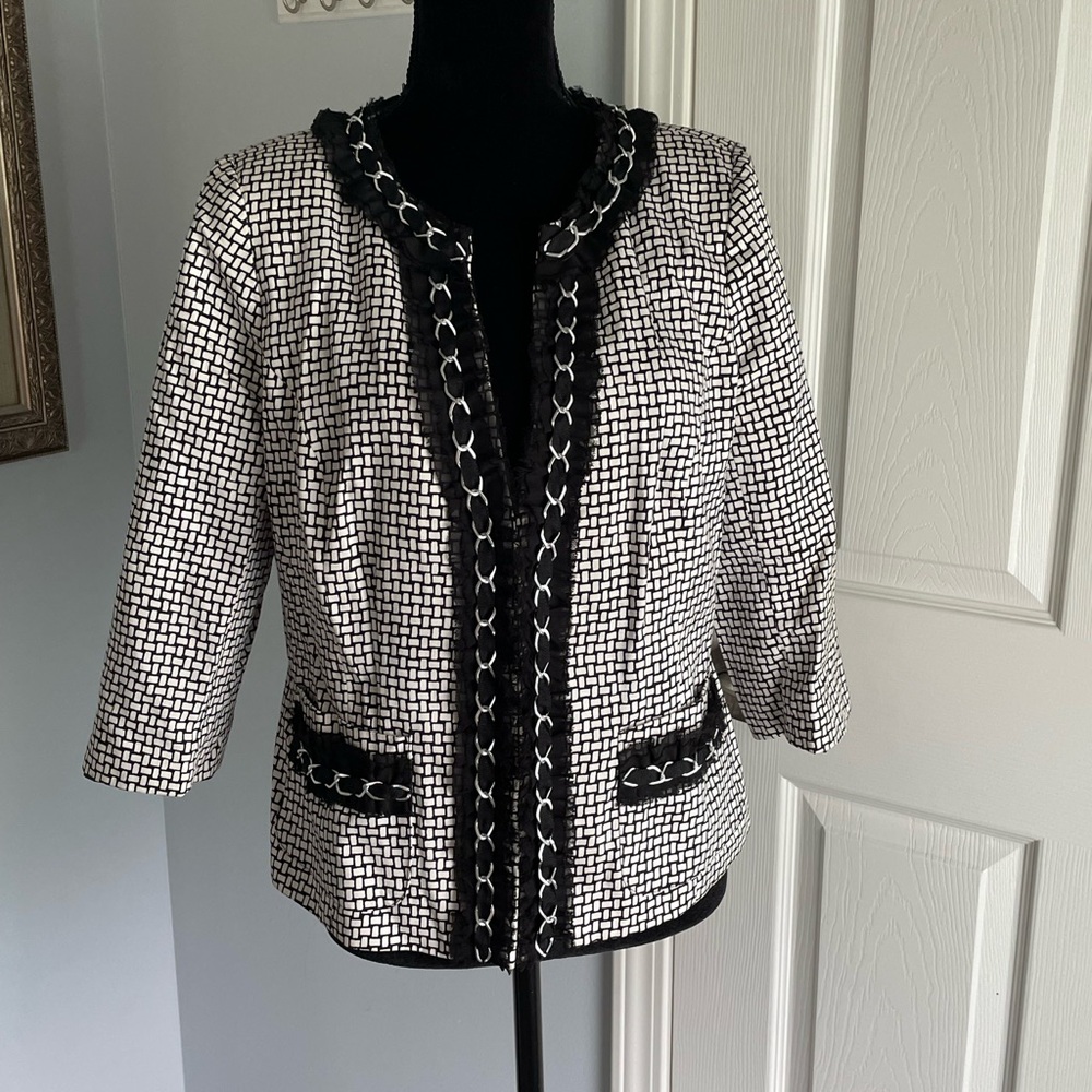 Marina Luna blazer. Black and white. Embellished w silver chain n lace. Sz L